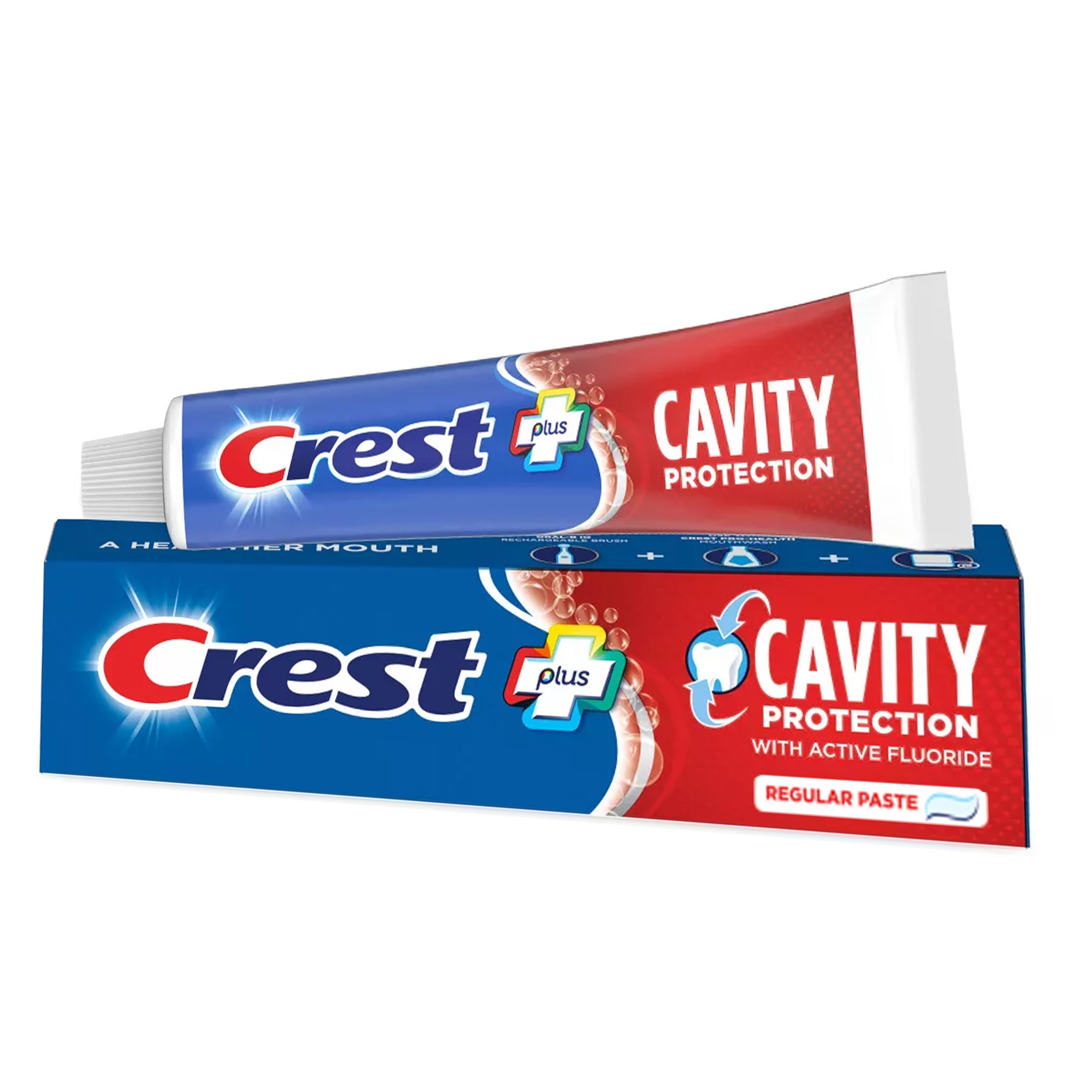 Crest toothpaste in bathroom scene suggests convenient daily use at home.