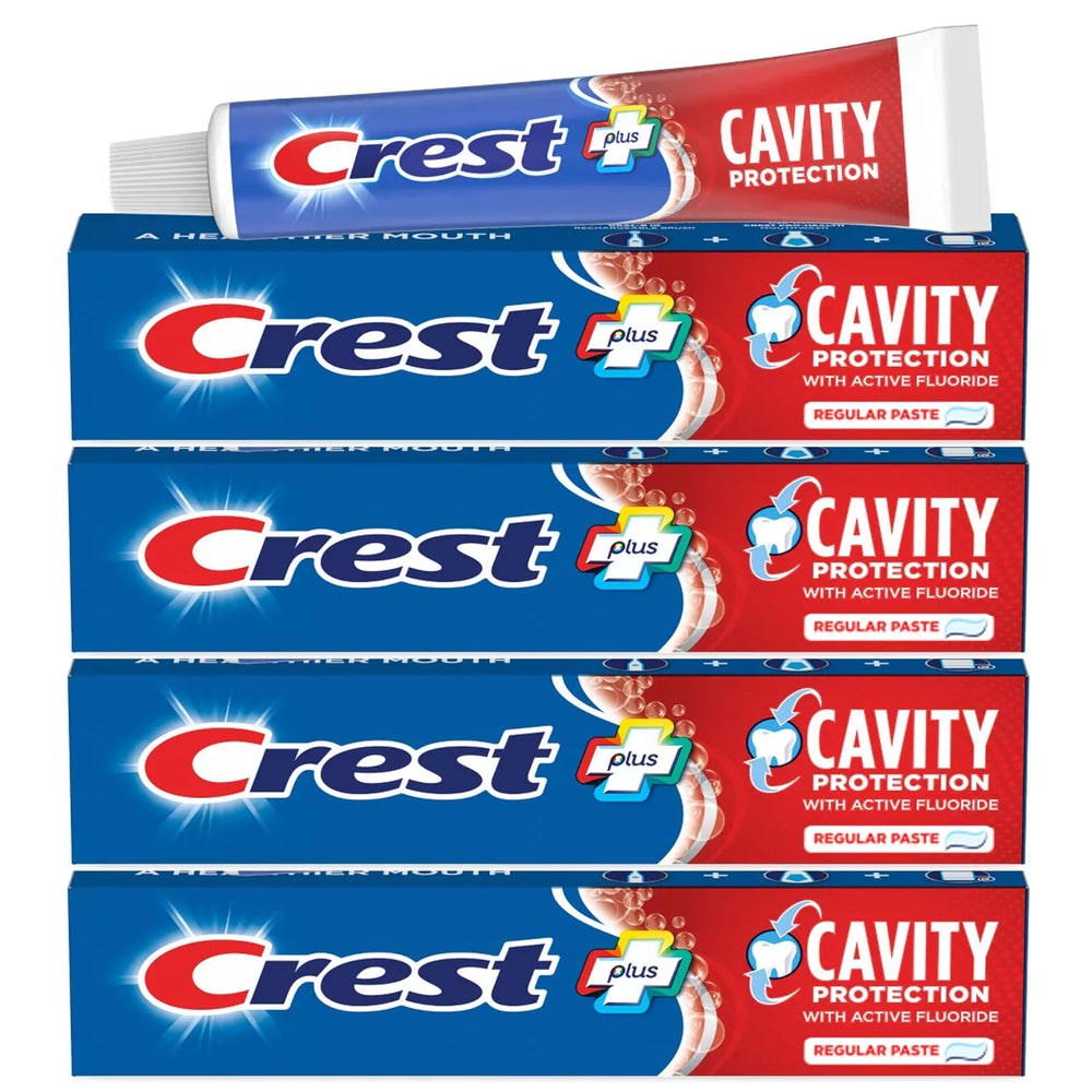 Crest Cavity Protection toothpaste pack front view for daily use in a family routine.