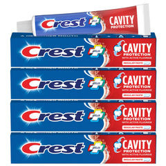 Crest Cavity Protection toothpaste pack front view for daily use in a family routine.