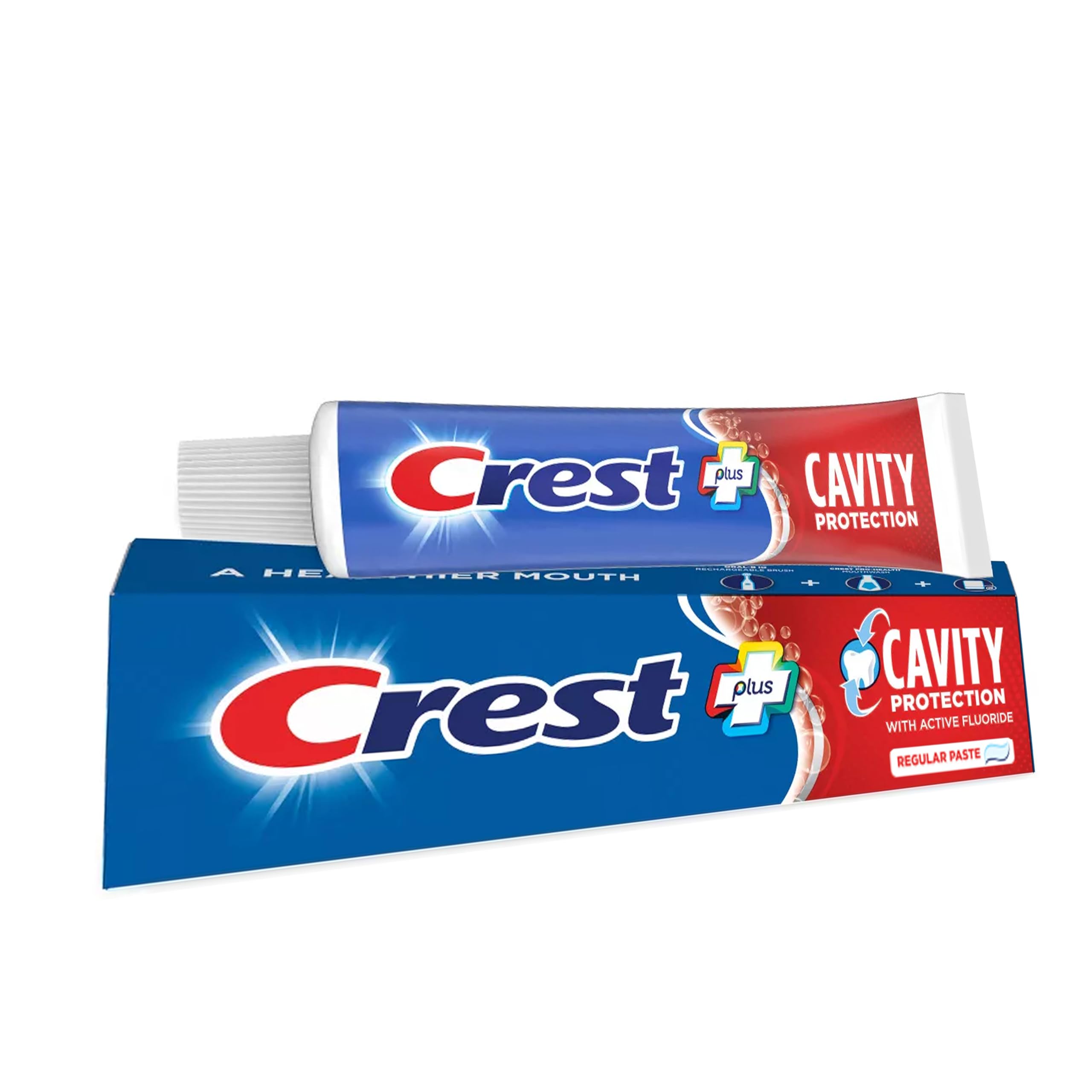 Crest packaging ensemble displays value pack of four for family use.
