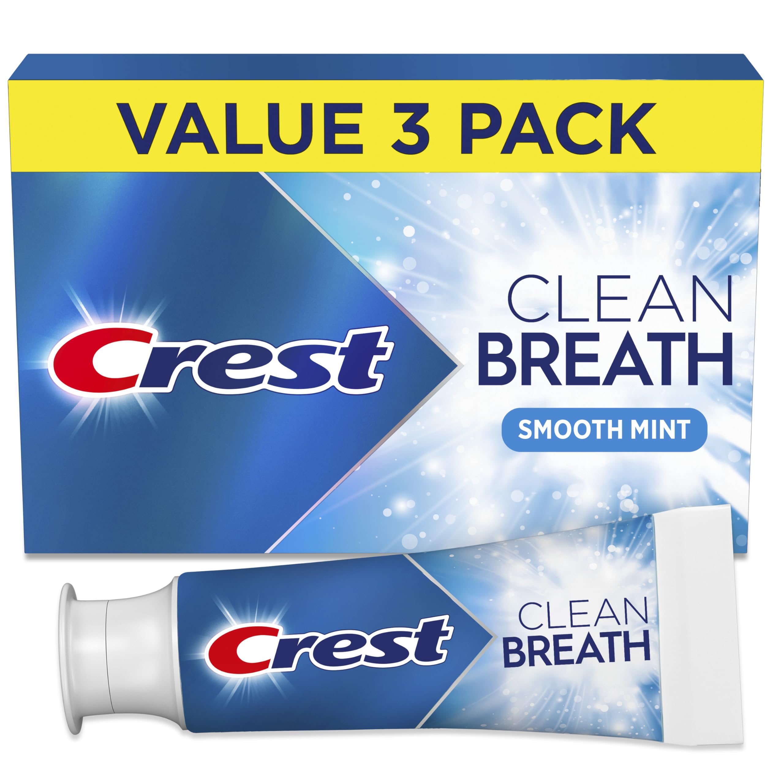 Crest Clean Breath pack shows three 3.3oz tubes for fresh breath