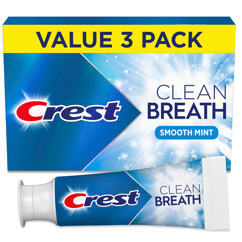 Crest Clean Breath pack shows three 3.3oz tubes for fresh breath