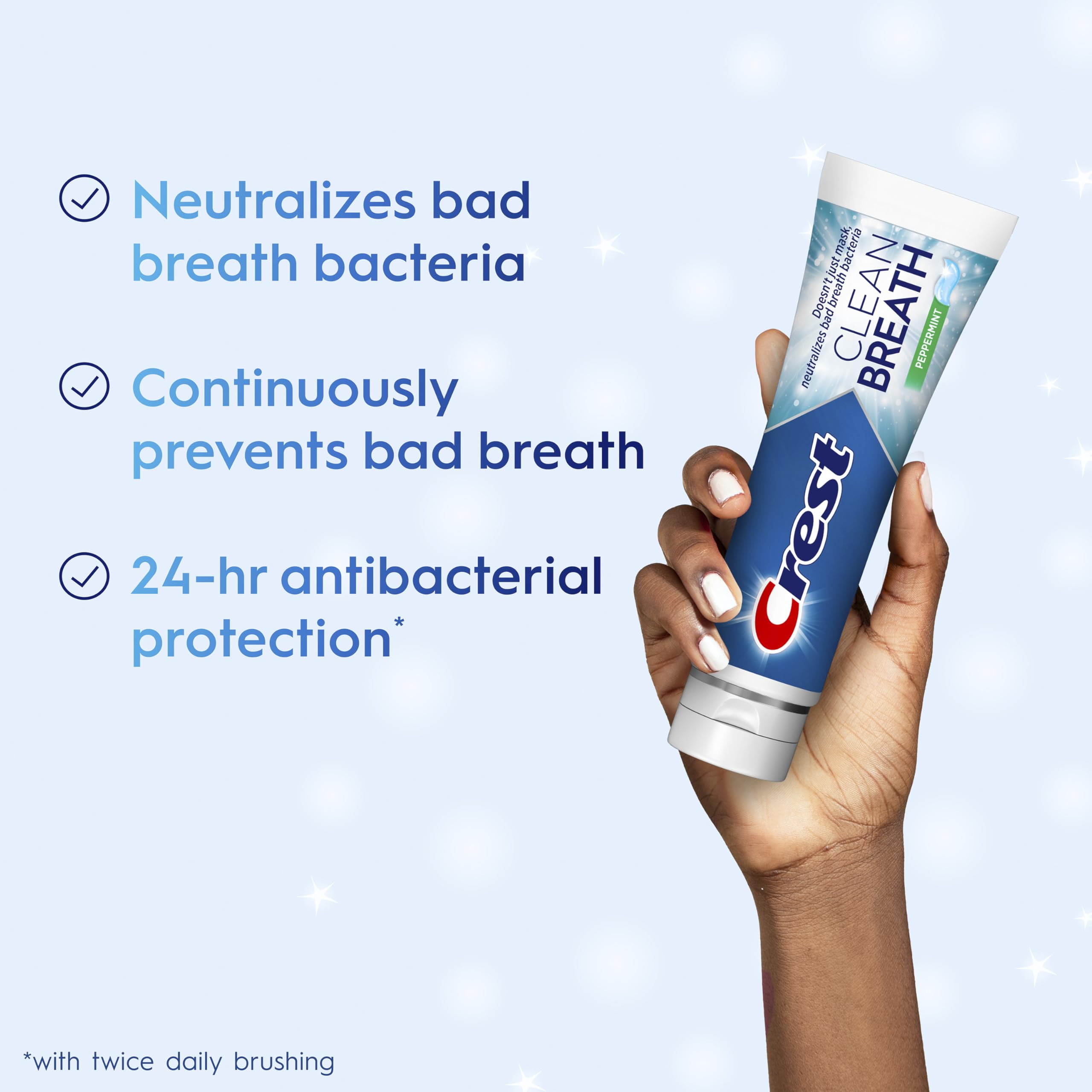 Crest Clean Breath Peppermint toothpaste tube close-up highlighting mint freshness and protection