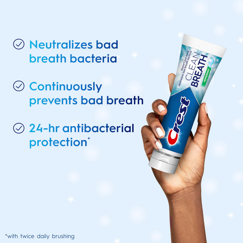 Crest Clean Breath Peppermint toothpaste tube close-up highlighting mint freshness and protection