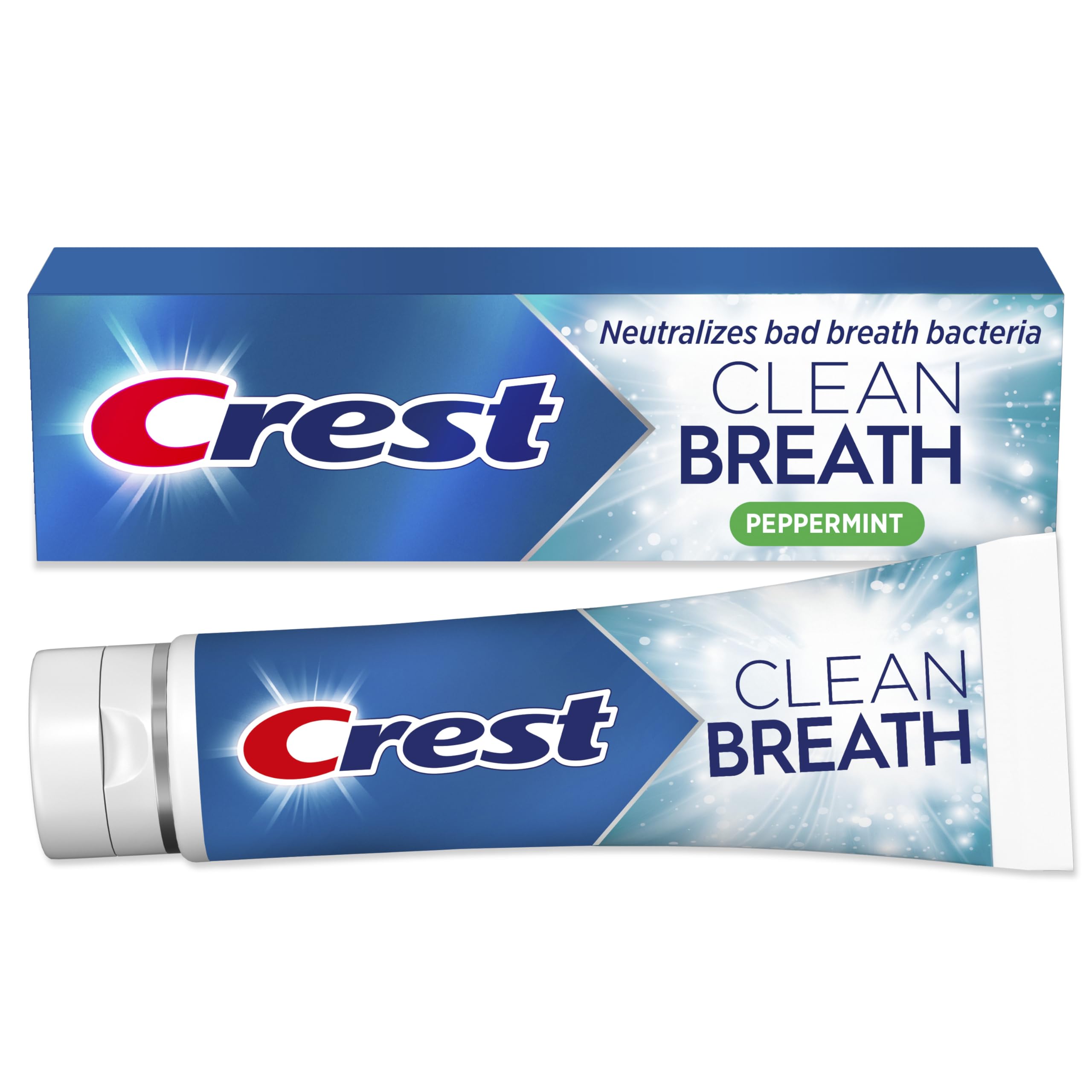 Crest Clean Breath Peppermint toothpaste tube on white background for long-lasting fresh breath