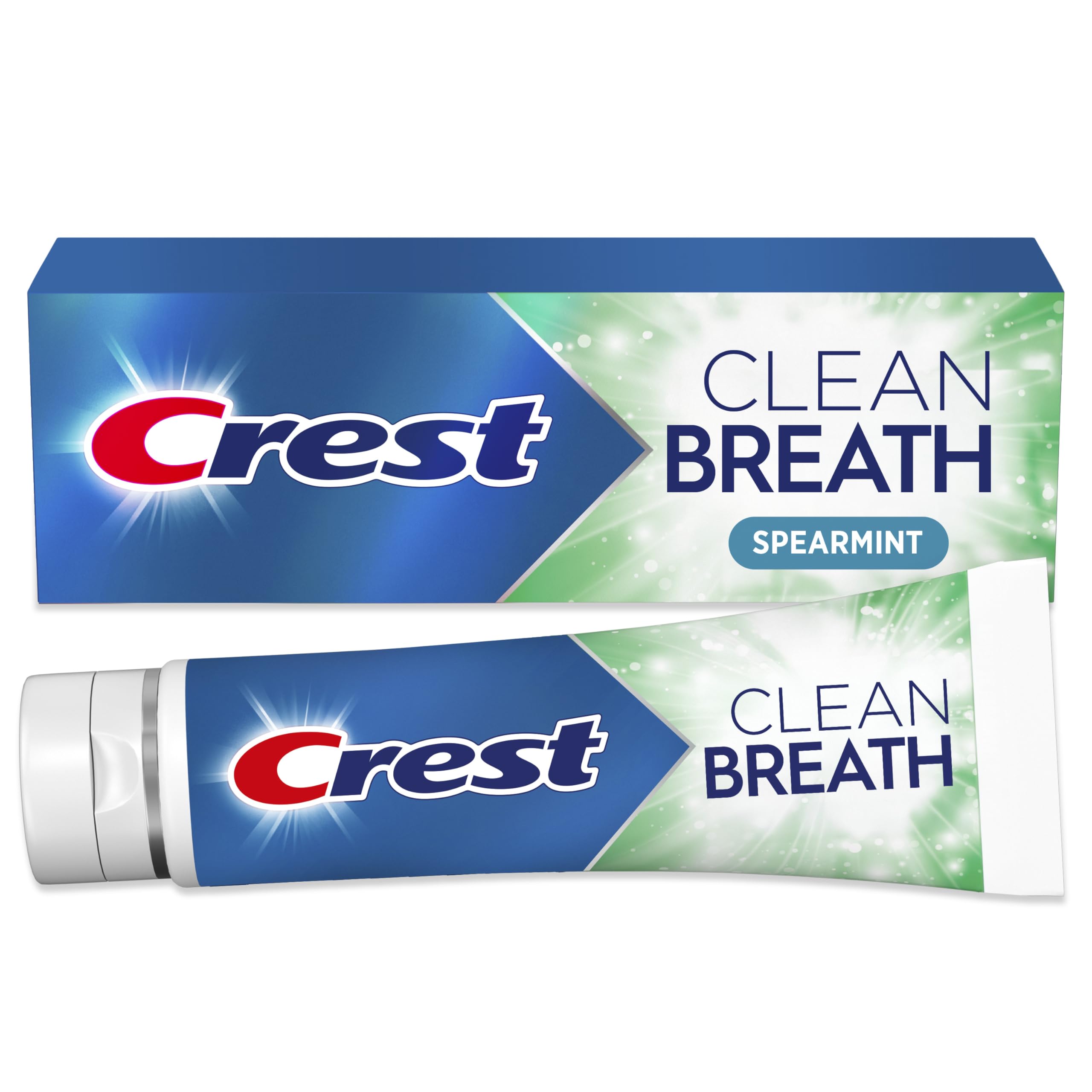 Crest Clean Breath Spearmint toothpaste tube for long-lasting freshness.