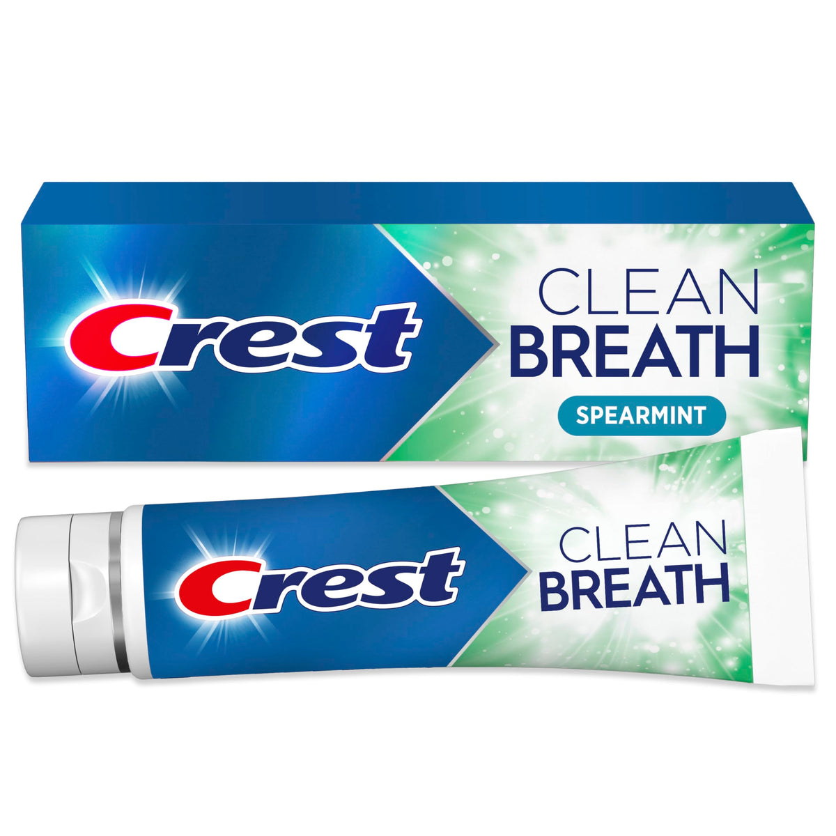 Crest Clean Breath Spearmint toothpaste tube for long-lasting freshness.