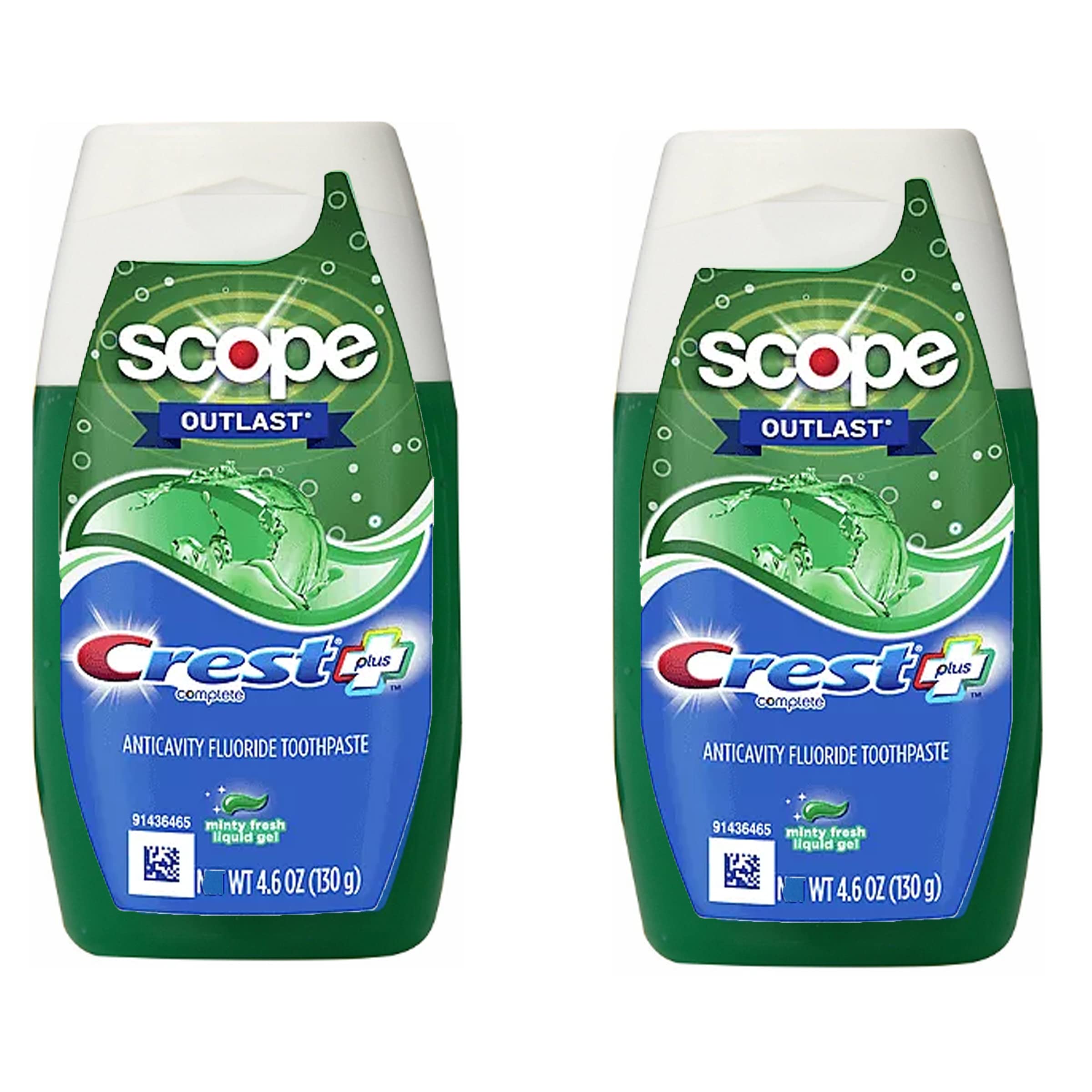 Crest Complete Whitening Plus Scope toothpaste tube front, two-pack, for daily brushing and tartar control.