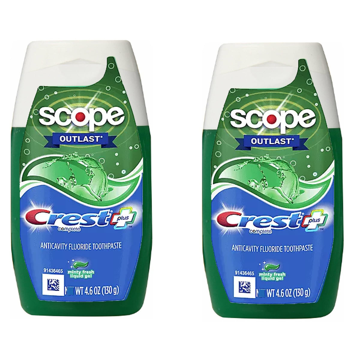 Crest Complete Whitening Plus Scope toothpaste tube front, two-pack, for daily brushing and tartar control.