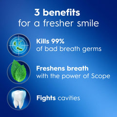Crest Complete Whitening + Scope Outlast triple-pack box highlights mint toothpaste for daily breath freshness