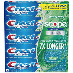 Crest Complete Whitening Scope toothpaste 5-pack for daily whitening and fresh breath.