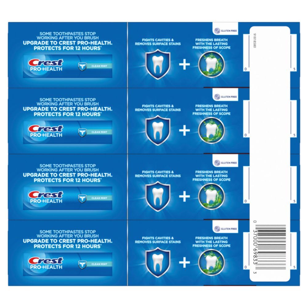 Pack of four Crest toothpaste displayed for household use.