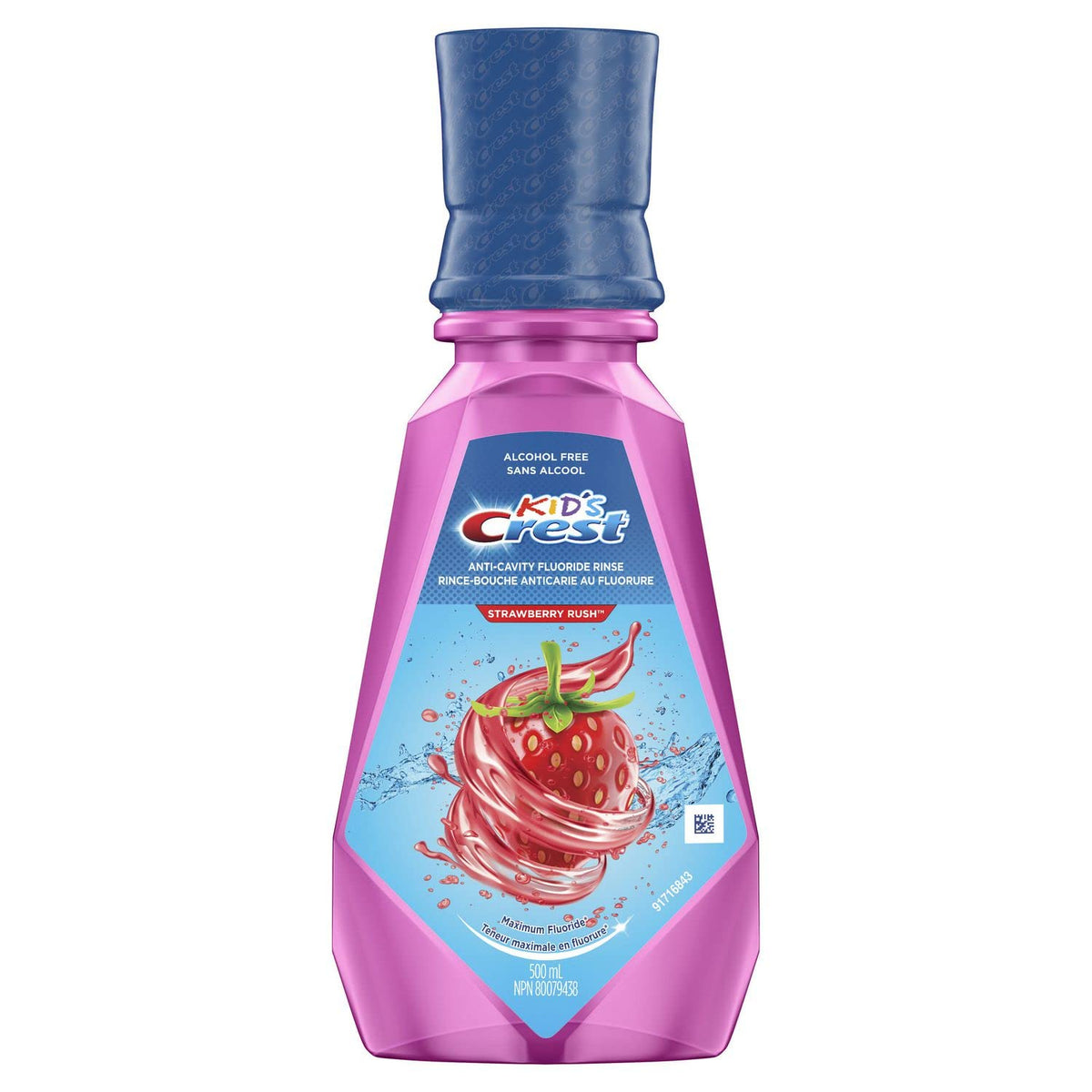 Crest Kid's Anticavity Mouthwash Strawberry Rush bottle, 500 ml, kid-friendly oral care