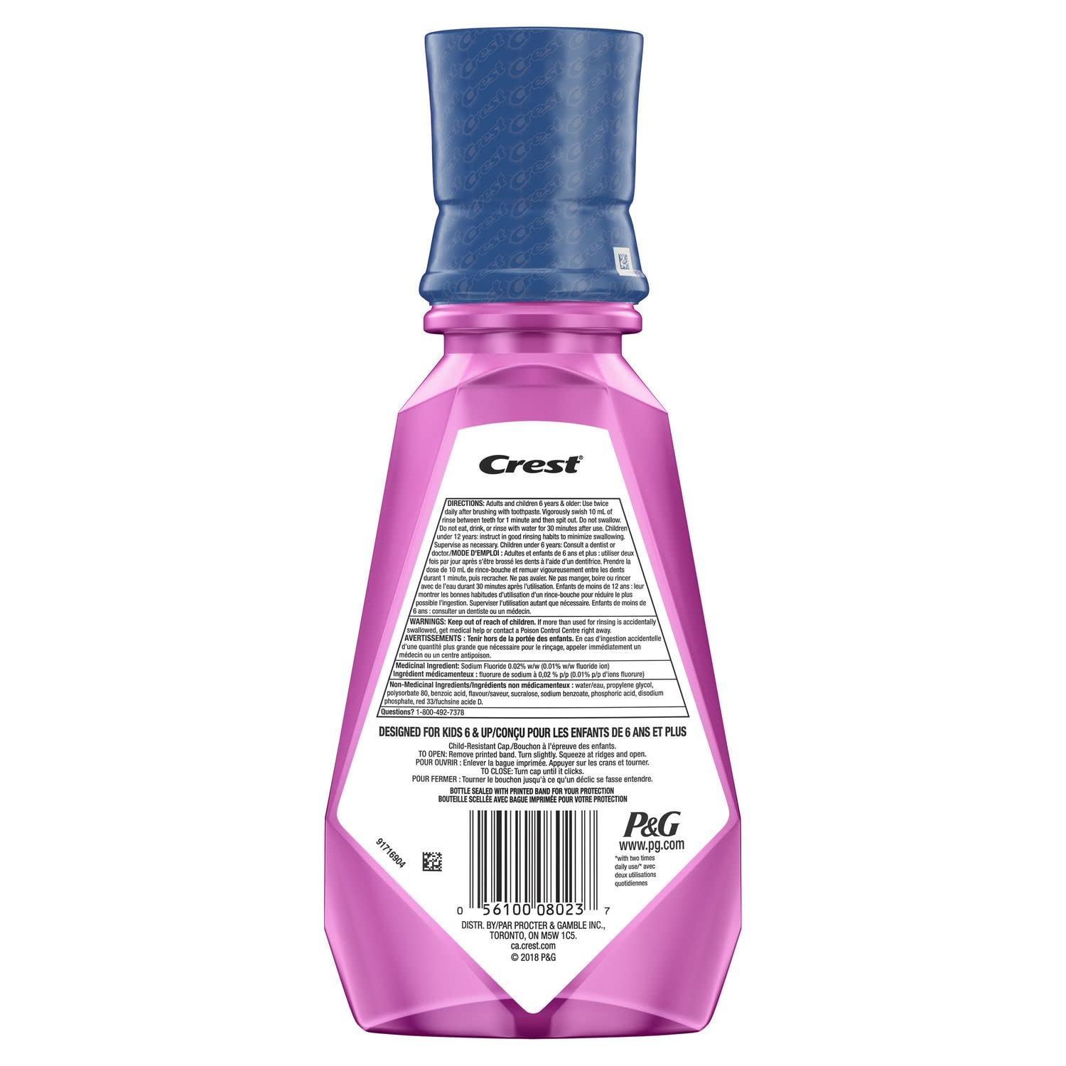 Crest Kid's Anticavity Mouthwash Strawberry Rush label closeup highlights fluoride protection