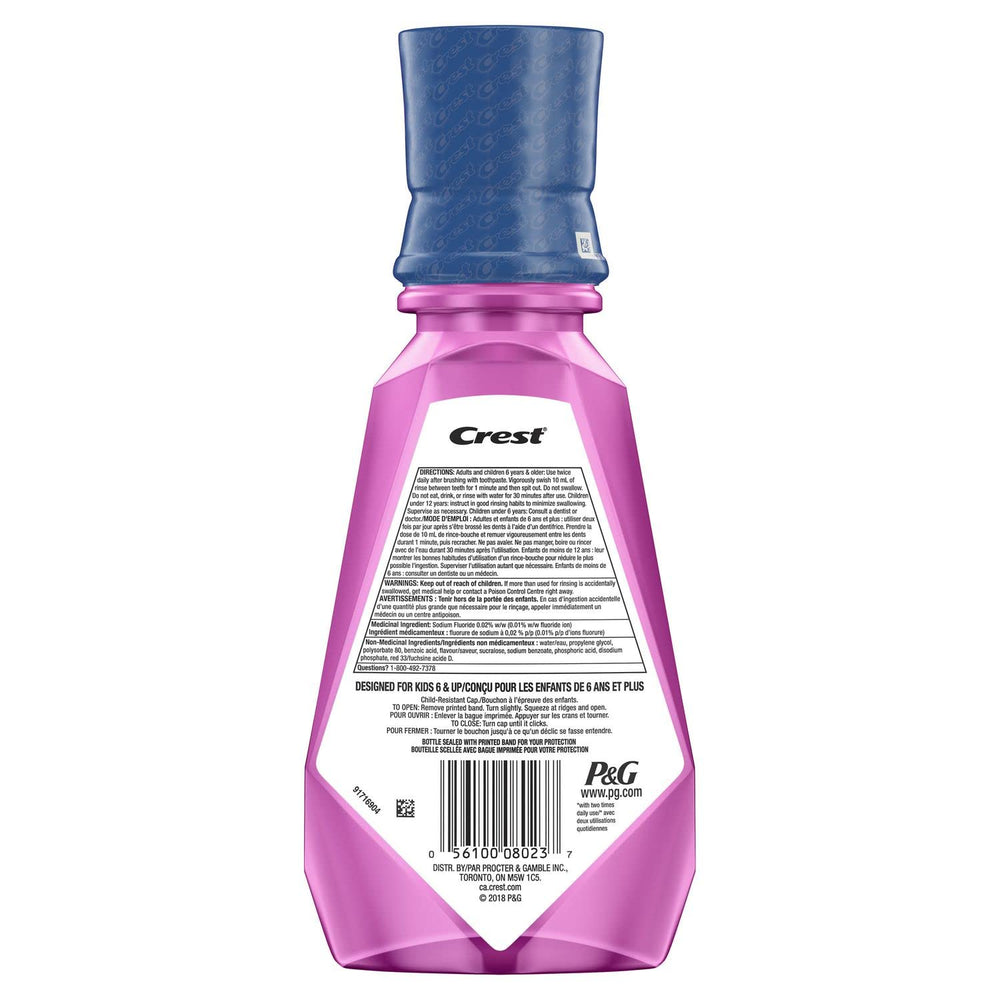 Crest Kid's Anticavity Mouthwash Strawberry Rush label closeup highlights fluoride protection