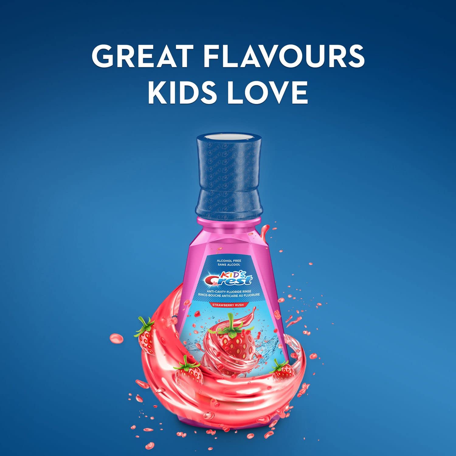 Crest Kid's mouthwash Strawberry Rush pour spout shows easy grip for small hands