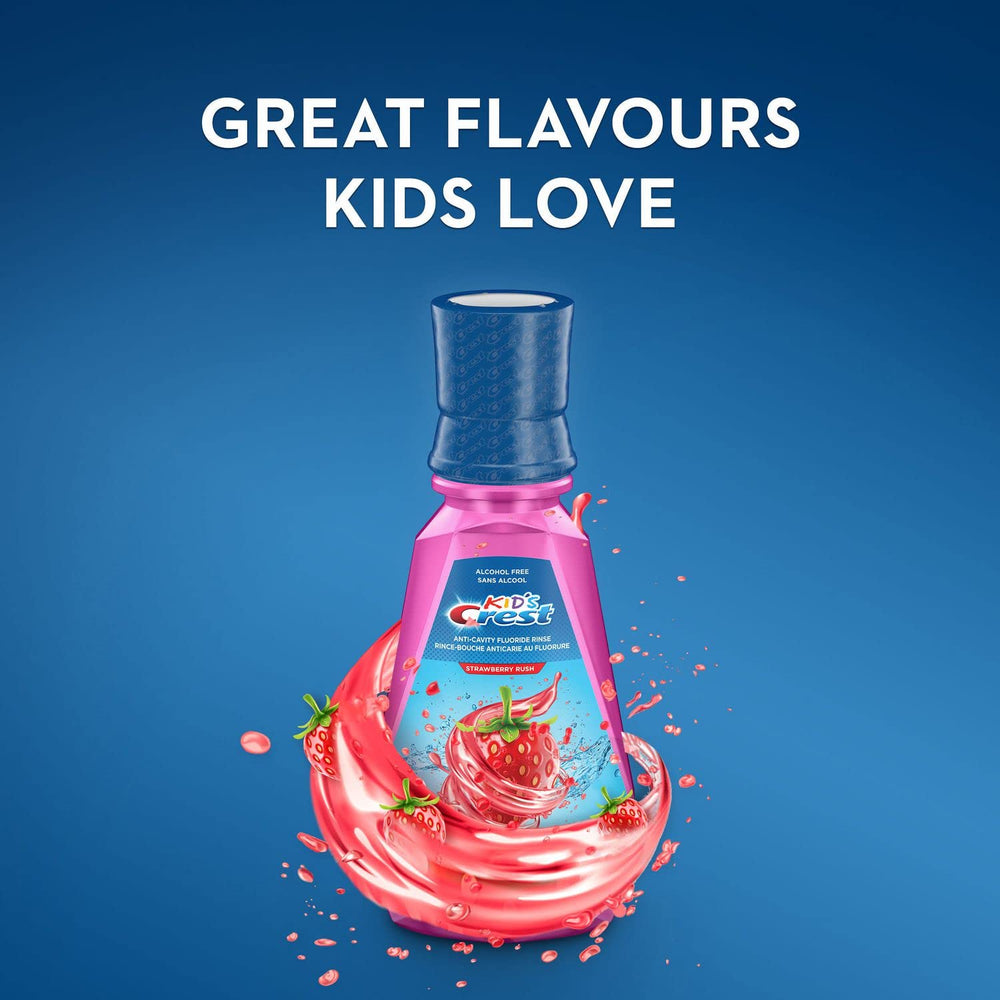 Crest Kid's mouthwash Strawberry Rush pour spout shows easy grip for small hands