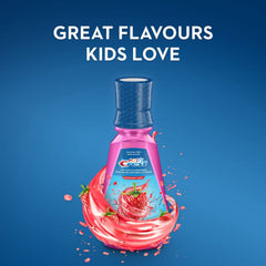 Crest Kid's mouthwash Strawberry Rush pour spout shows easy grip for small hands
