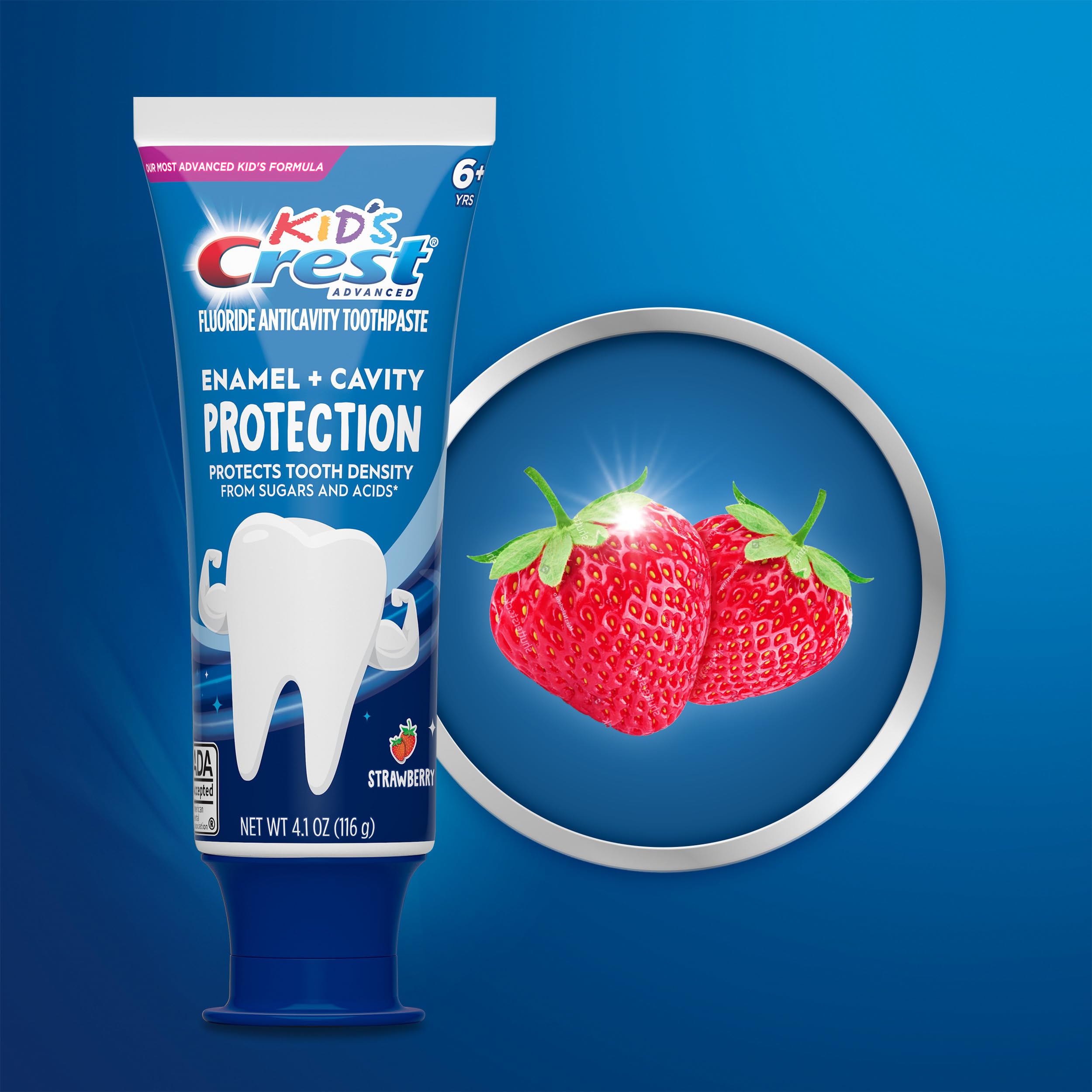 Crest Kids Enamel + Cavity Protection Toothpaste displays ADA Accepted status for trusted care.