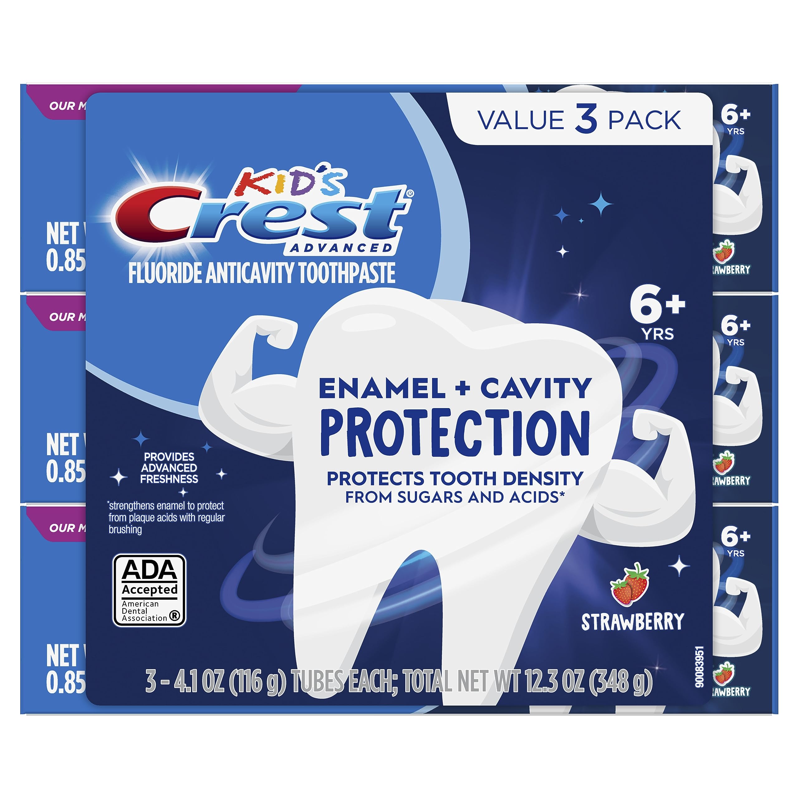 Crest Kids Enamel + Cavity Protection Toothpaste trio pack highlights value and protective benefits.