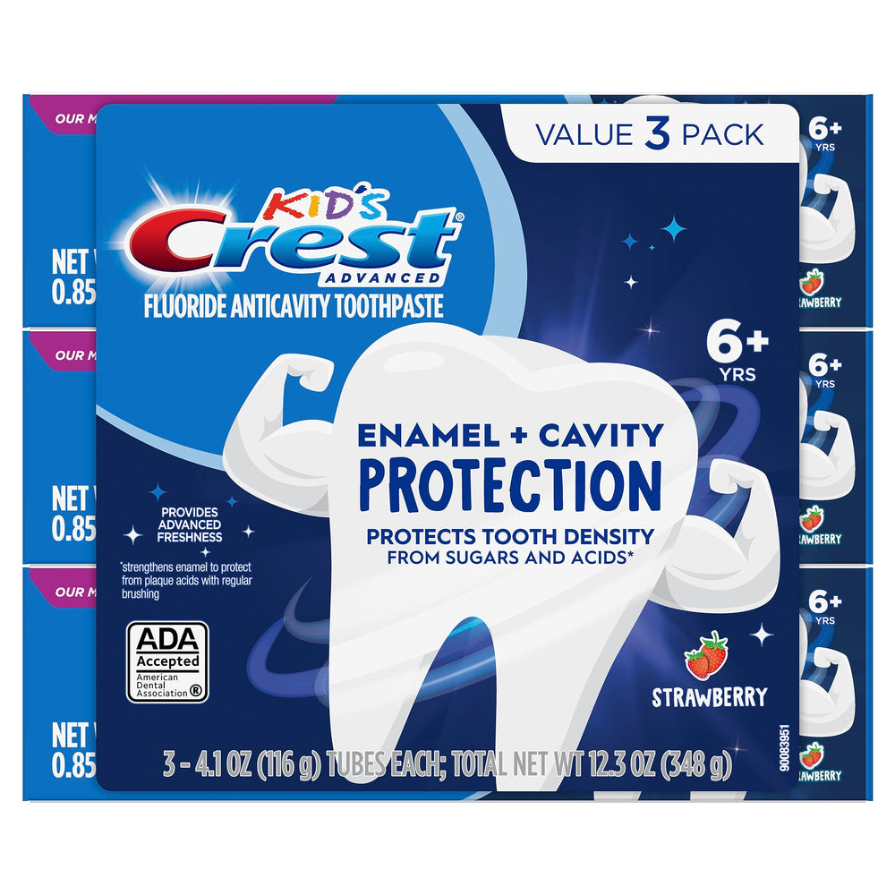 Crest Kids Enamel + Cavity Protection Toothpaste trio pack highlights value and protective benefits.