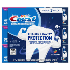 Crest Kids Enamel + Cavity Protection Toothpaste trio pack highlights value and protective benefits.