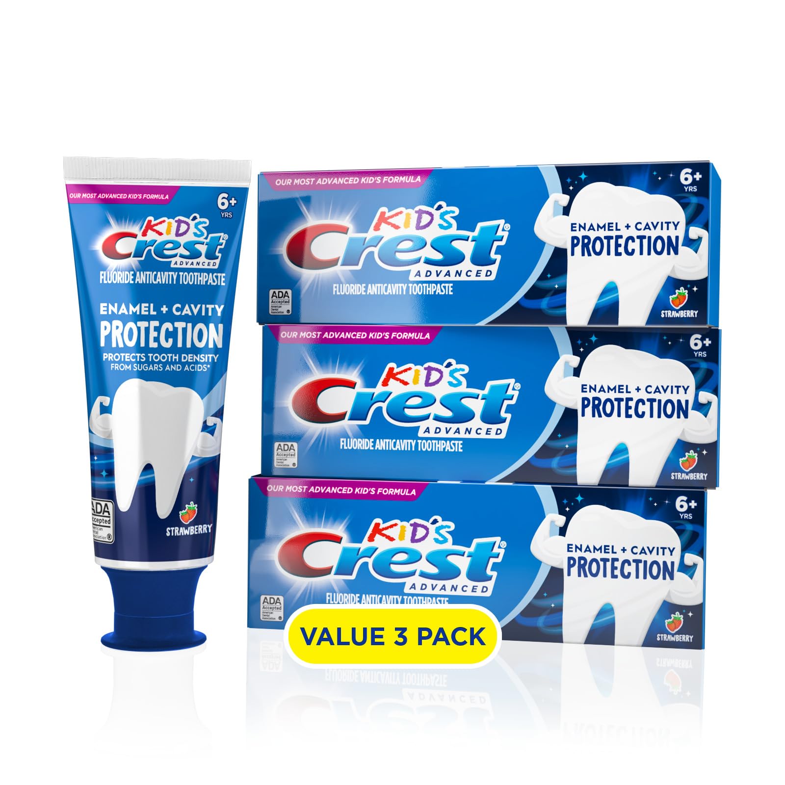 Crest Kids Enamel + Cavity Protection Toothpaste tube in strawberry flavor boosts daily enamel protection.
