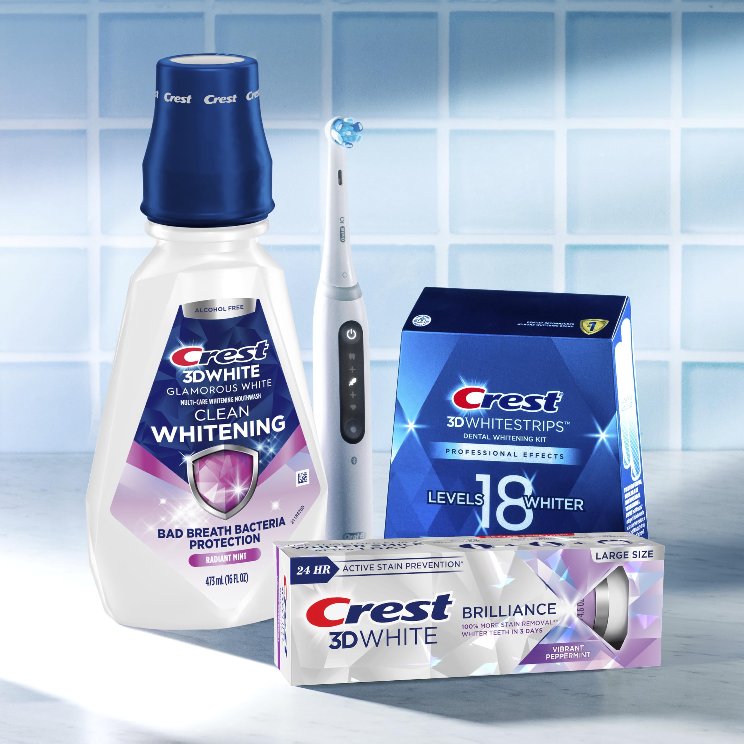 Bright bathroom scene with Crest mouthwash on the sink counter.