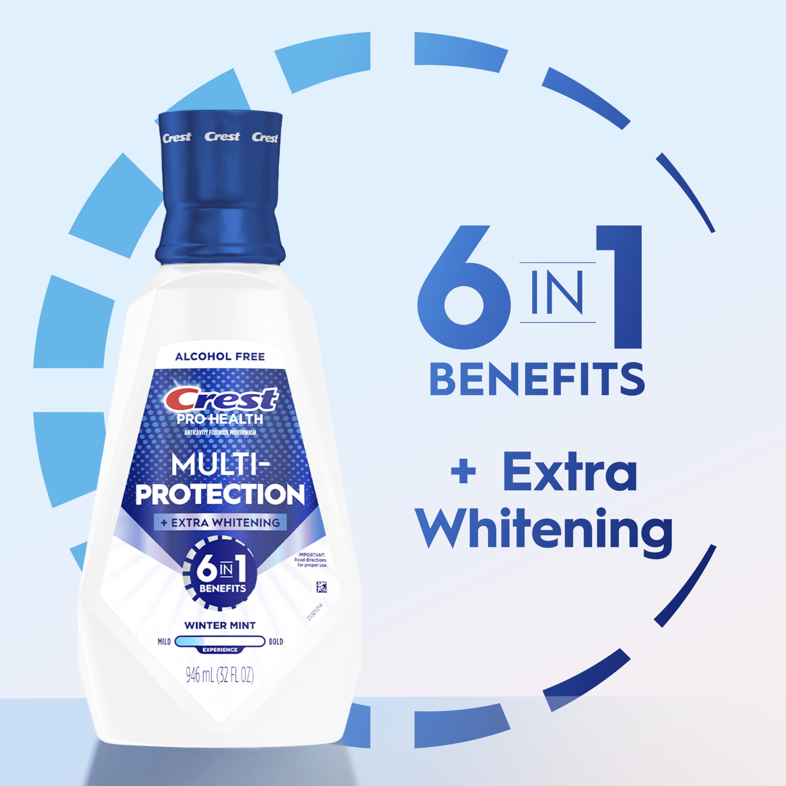 Alcohol-free formula label close-up on Crest Pro-Health Advanced