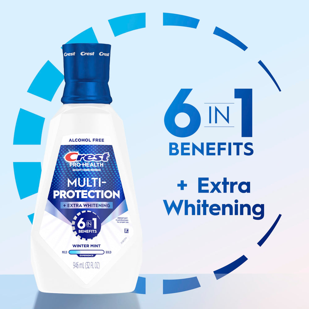 Alcohol-free formula label close-up on Crest Pro-Health Advanced