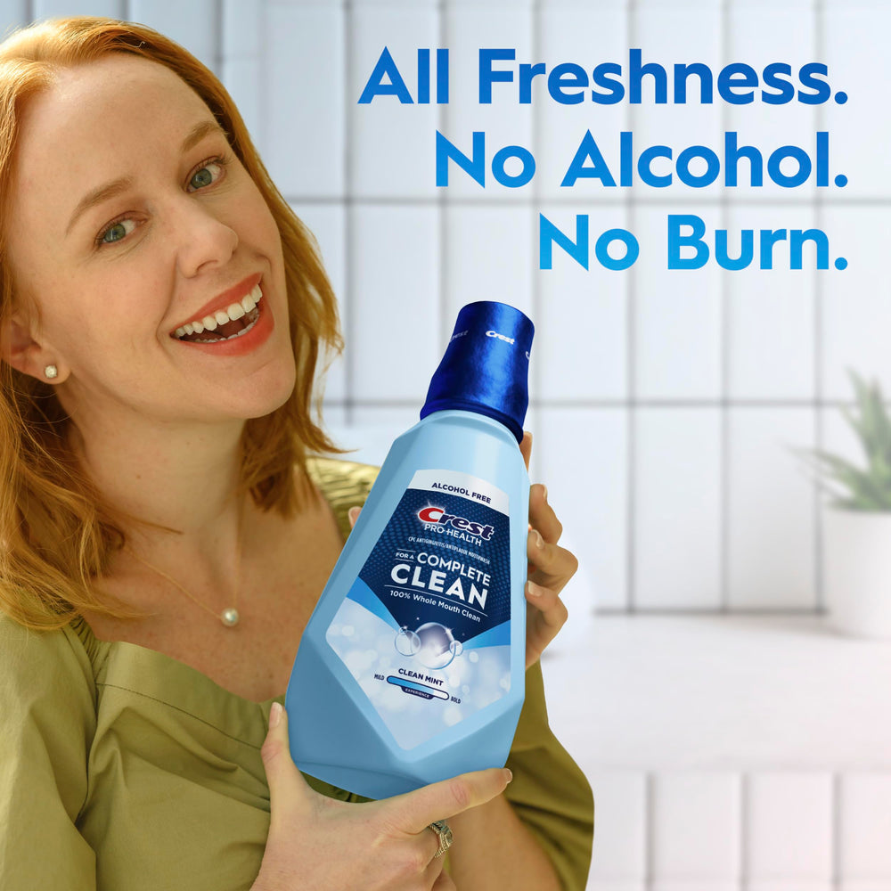 Crest Pro-Health Alcohol-free mark signals gentle mouth rinse