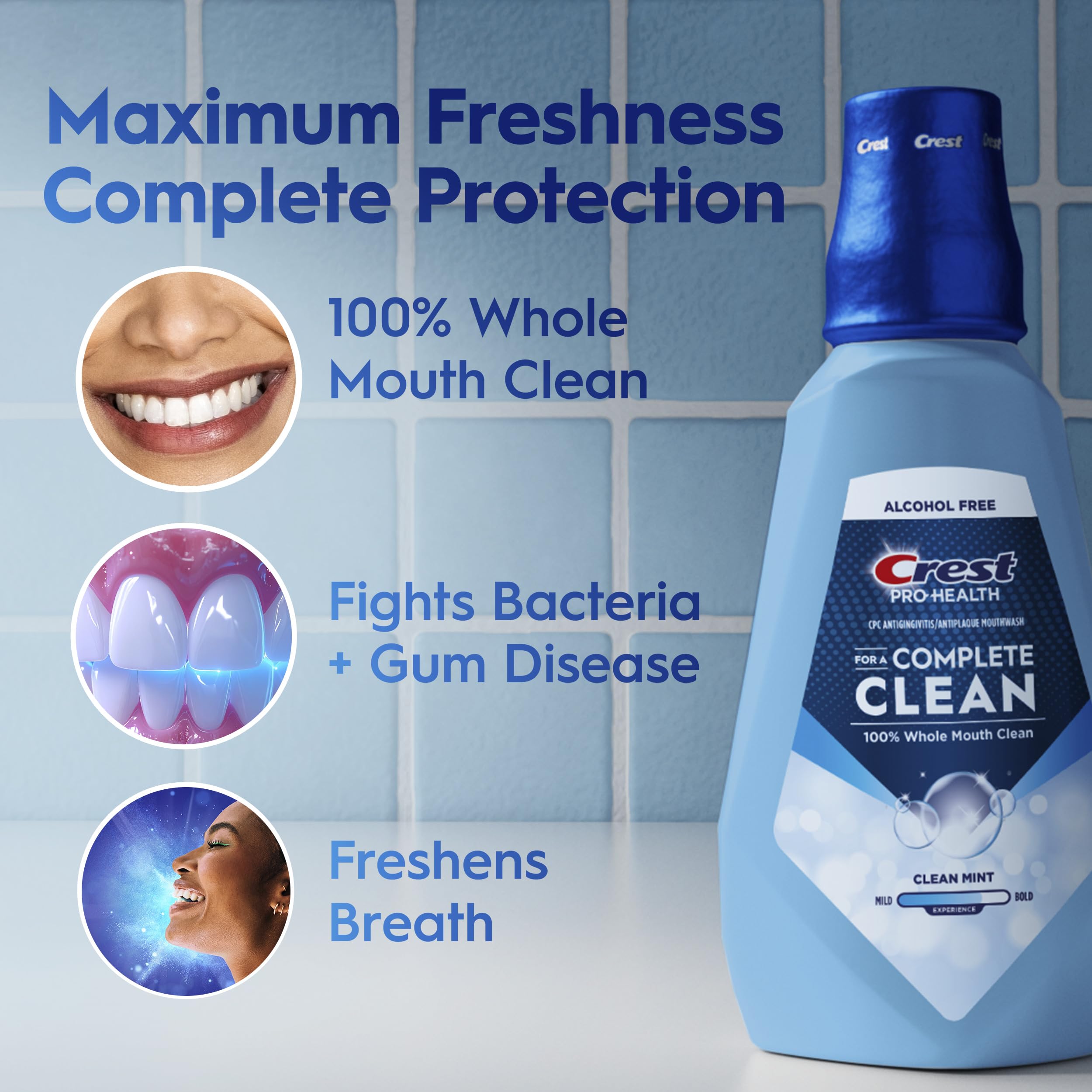 Crest Pro-Health Clean Mint flavor bottle highlights refreshing taste