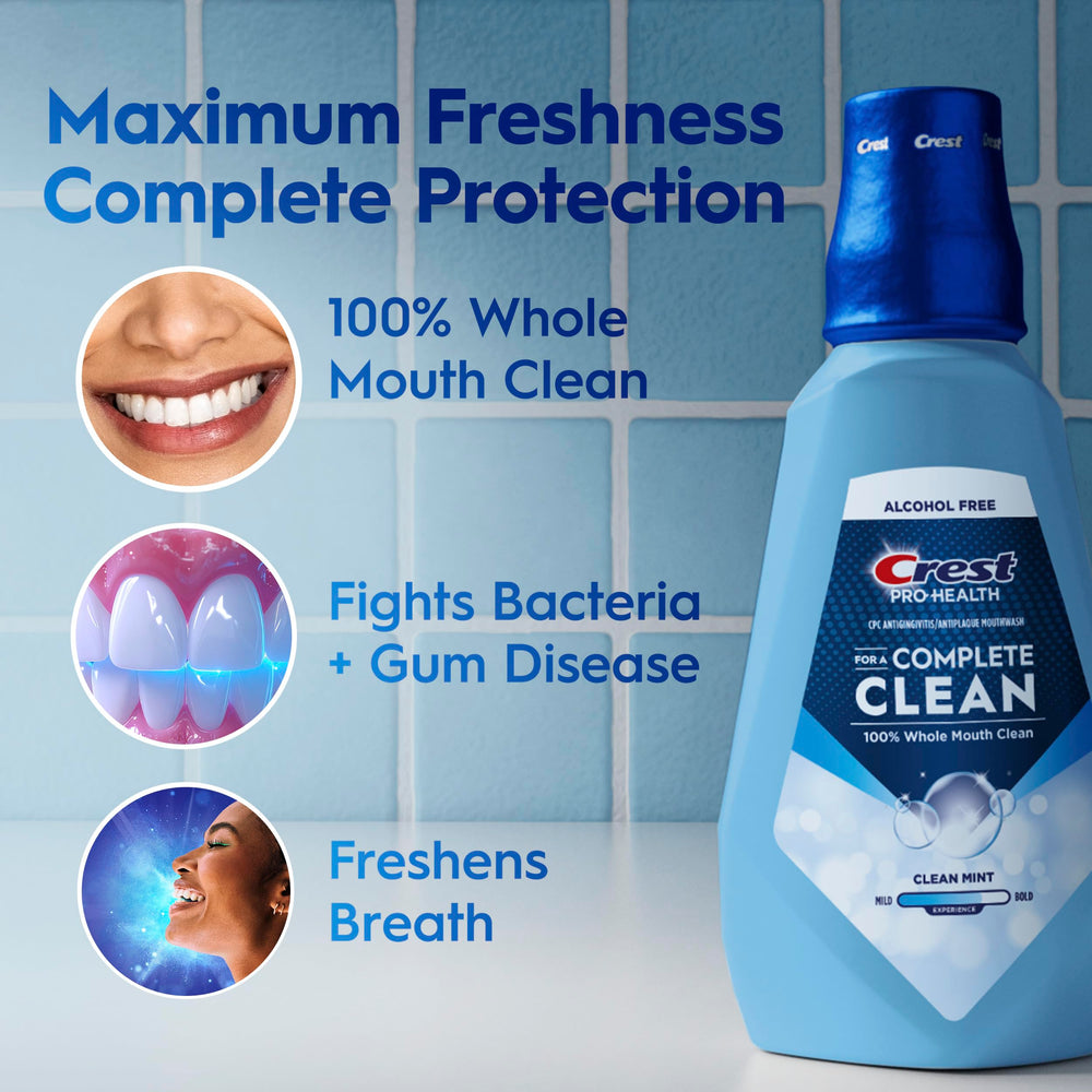 Crest Pro-Health Clean Mint flavor bottle highlights refreshing taste