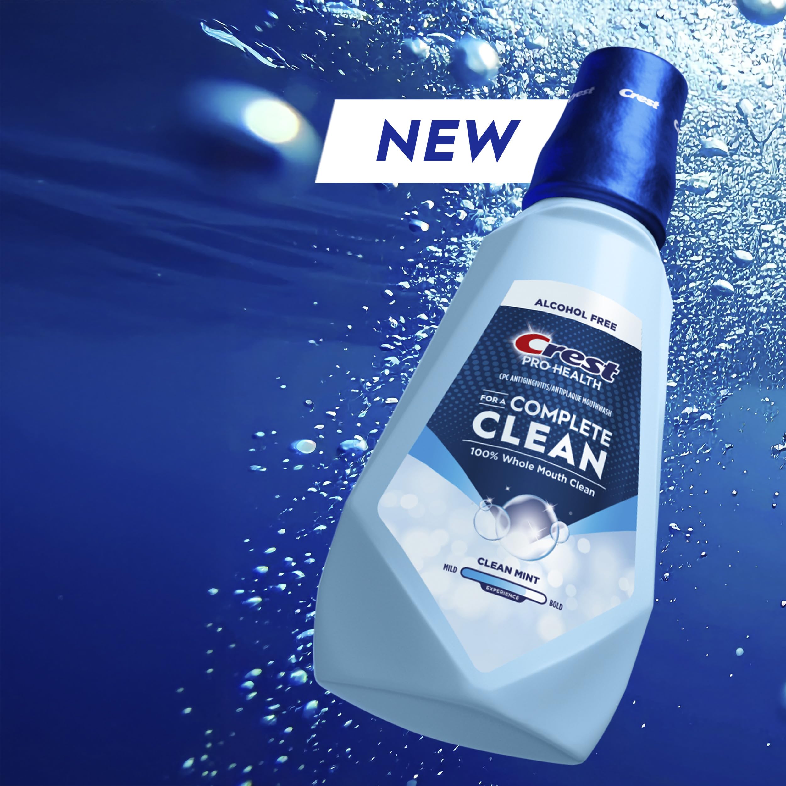 Crest Pro-Health Clean Mint Mouthwash cap shown for precise measure during rinsing.