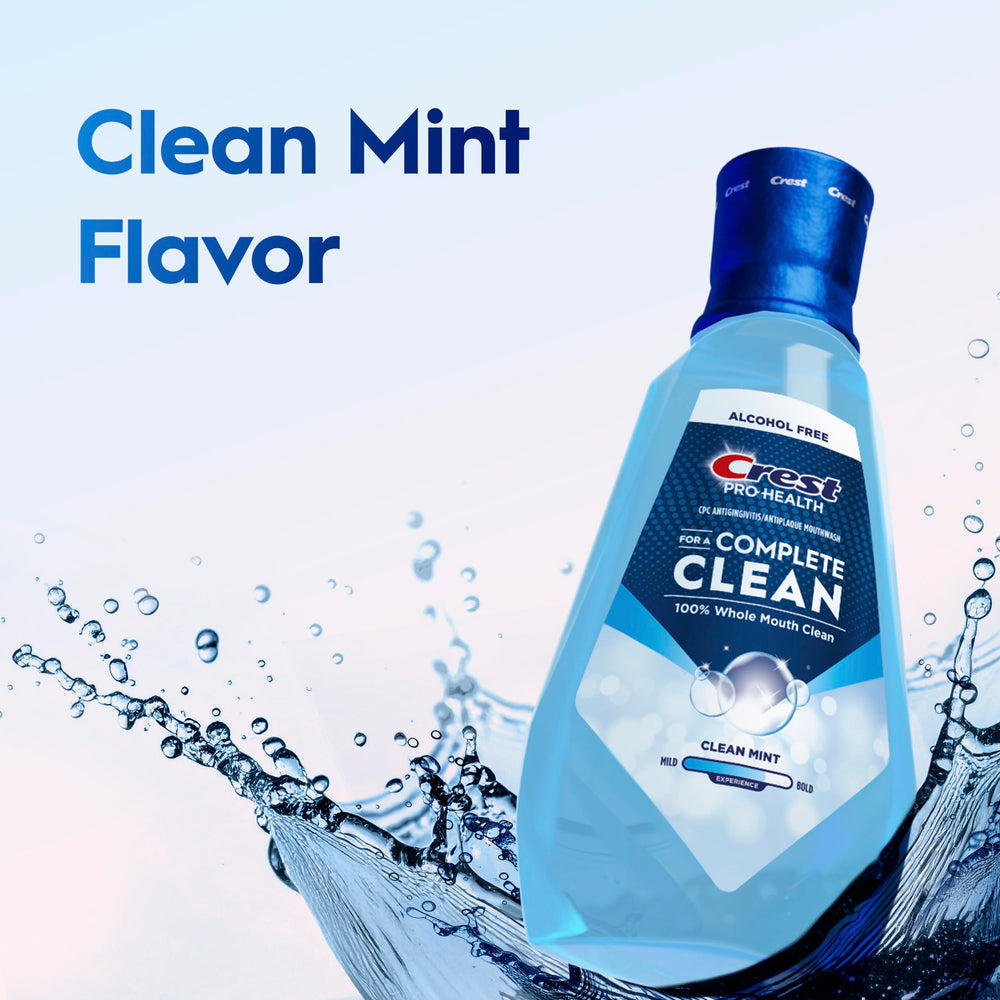 Crest Pro-Health Clean Mint Mouthwash with glass dispenser demonstrates measured rinsing.