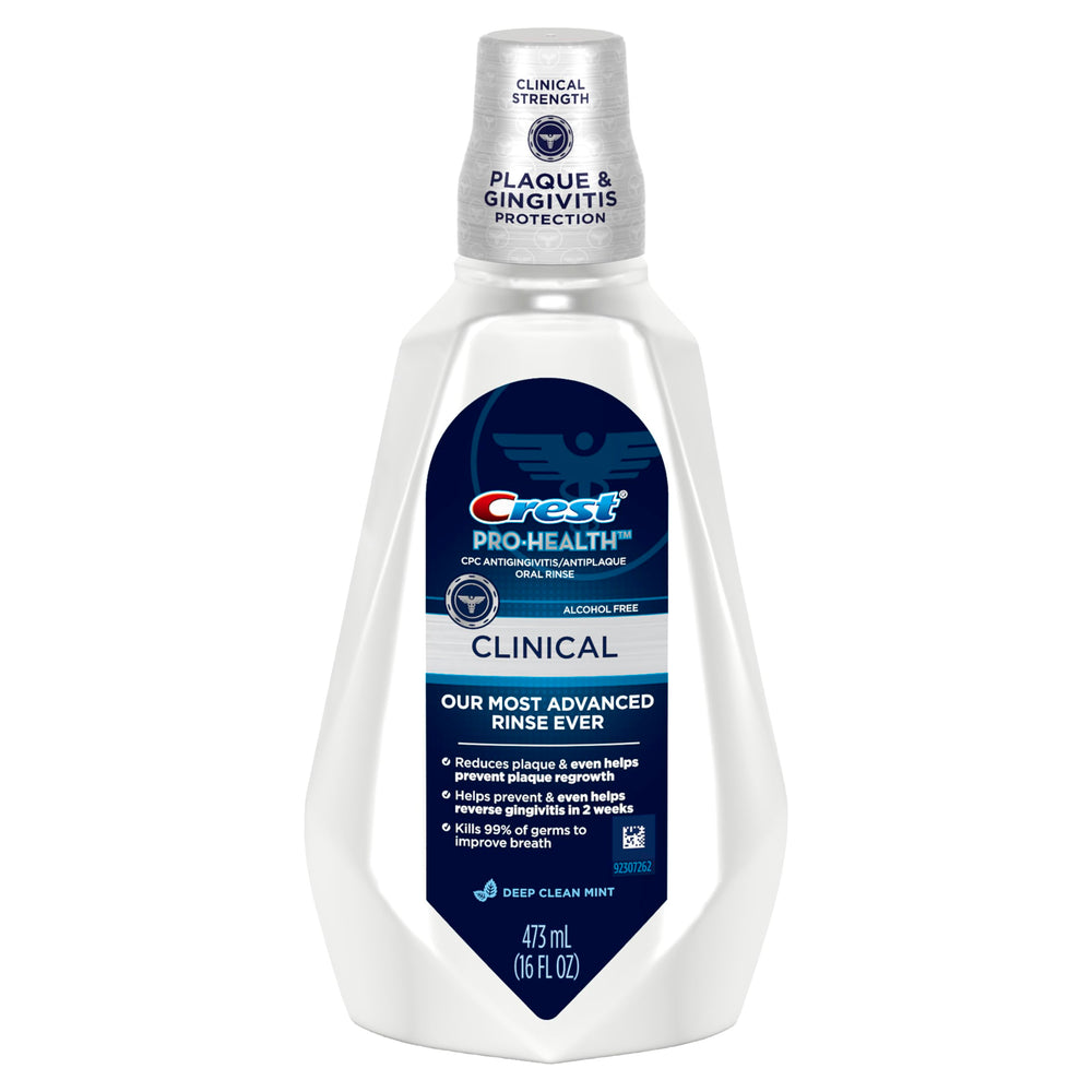 Crest Pro-Health Clinical Mouthwash mint aroma on the packaging label.