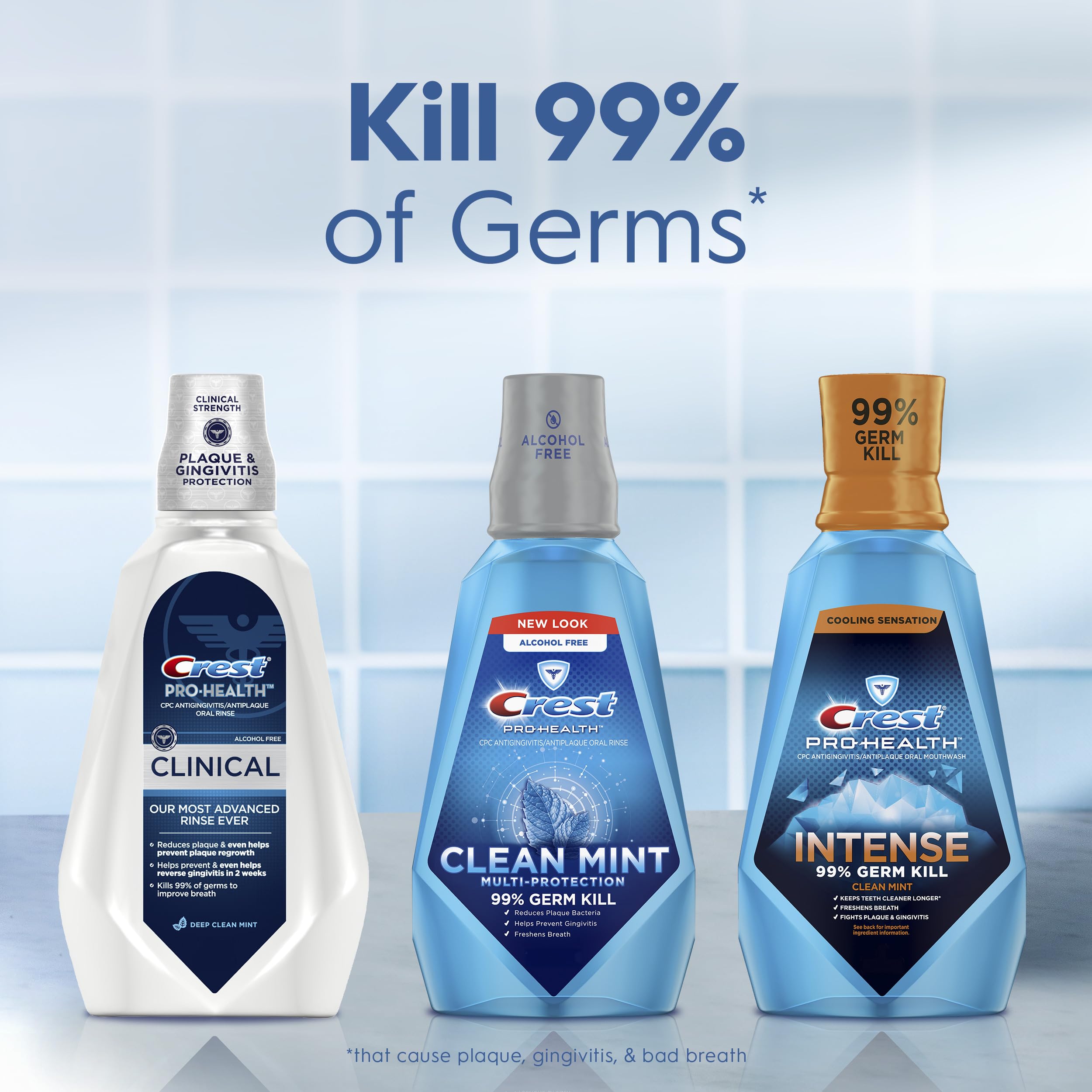 Crest Pro-Health Clinical Mouthwash packaging featuring four bottle pack.