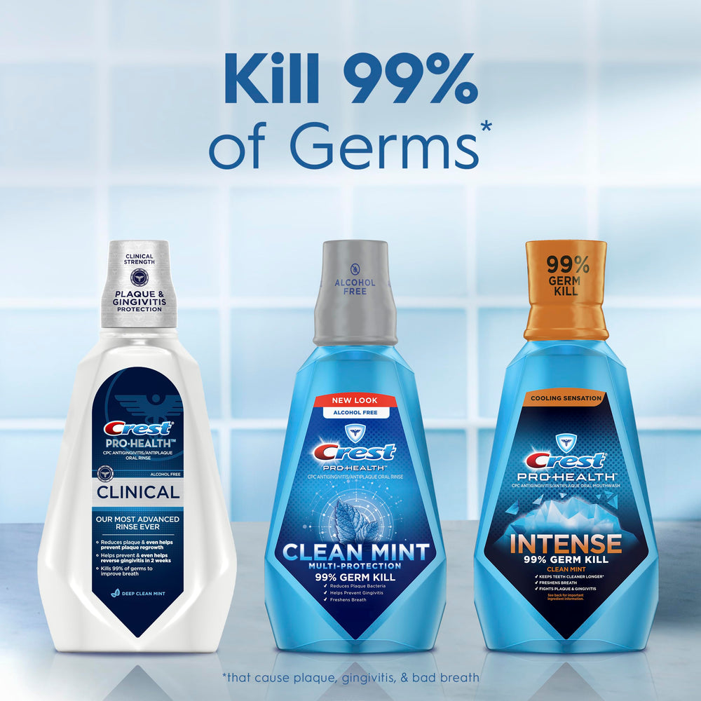 Crest Pro-Health Clinical Mouthwash packaging featuring four bottle pack.