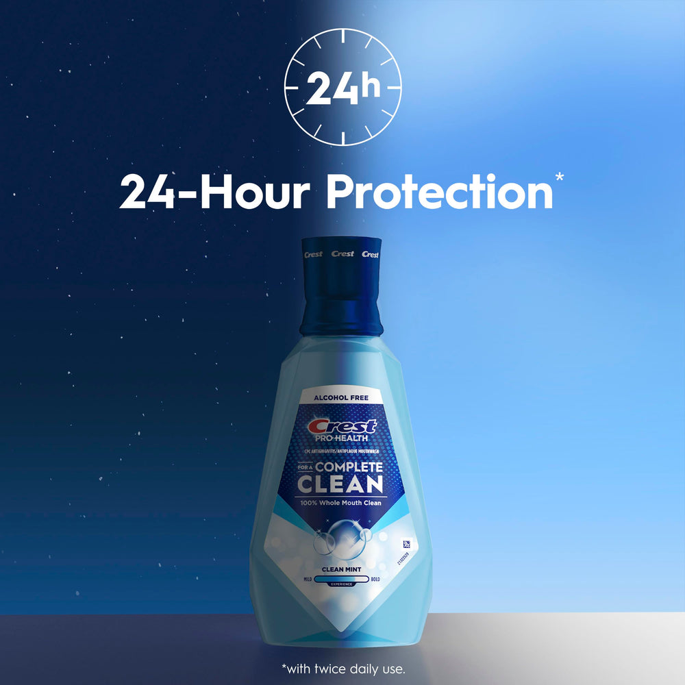 Crest Pro-Health Complete Clean label closeup shows alcohol-free formula