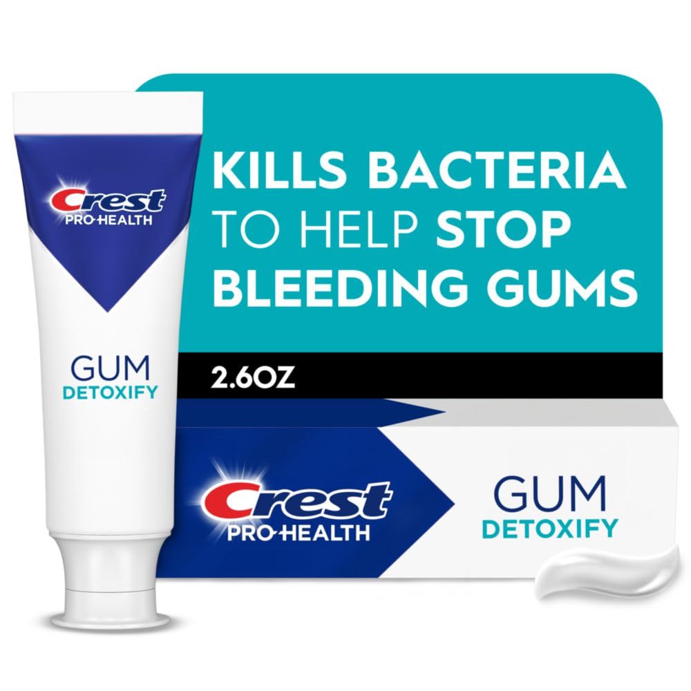 Crest Pro-Health Gum Detoxify tube during brushing action suggests a daily oral hygiene routine.