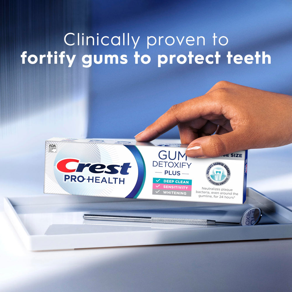 Crest Pro-Health Gum Detoxify Plus packaging on bathroom counter signaling convenience