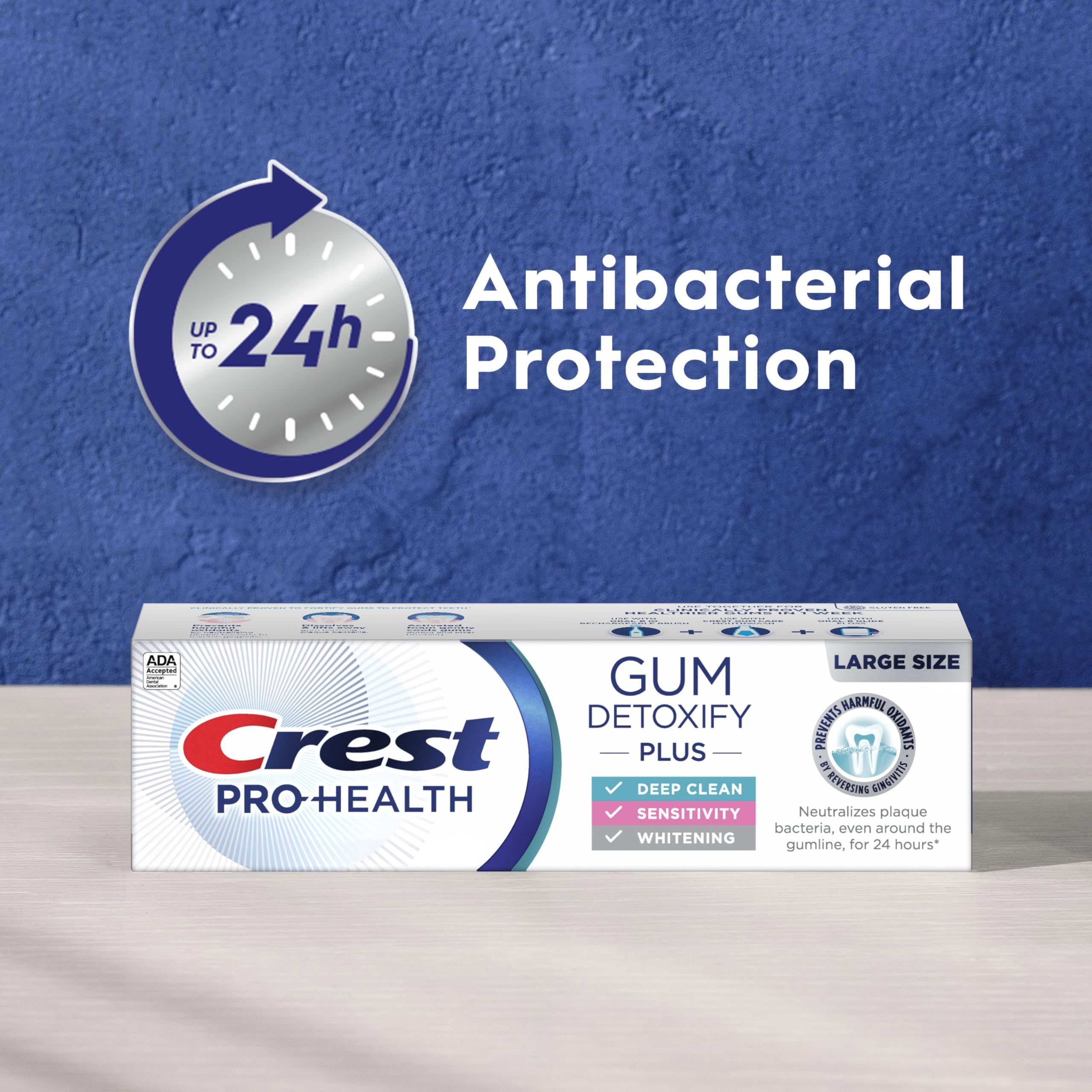 Crest Pro-Health Gum Detoxify Plus tube with toothbrush and mint aura conveys freshness