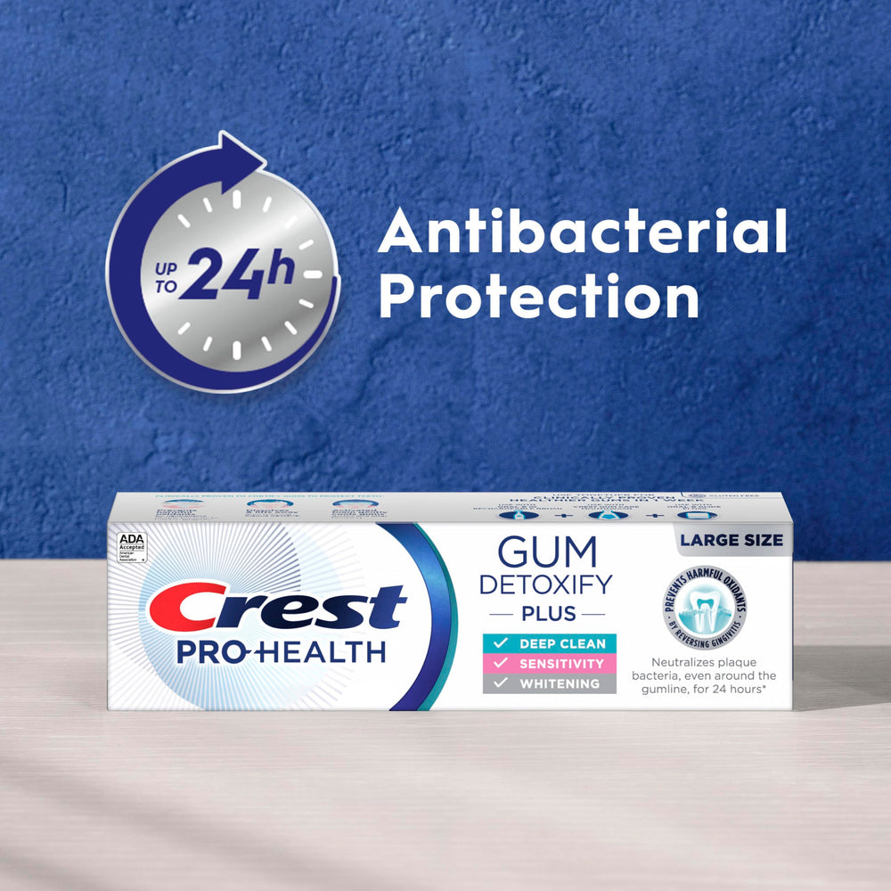 Crest Pro-Health Gum Detoxify Plus tube with toothbrush and mint aura conveys freshness