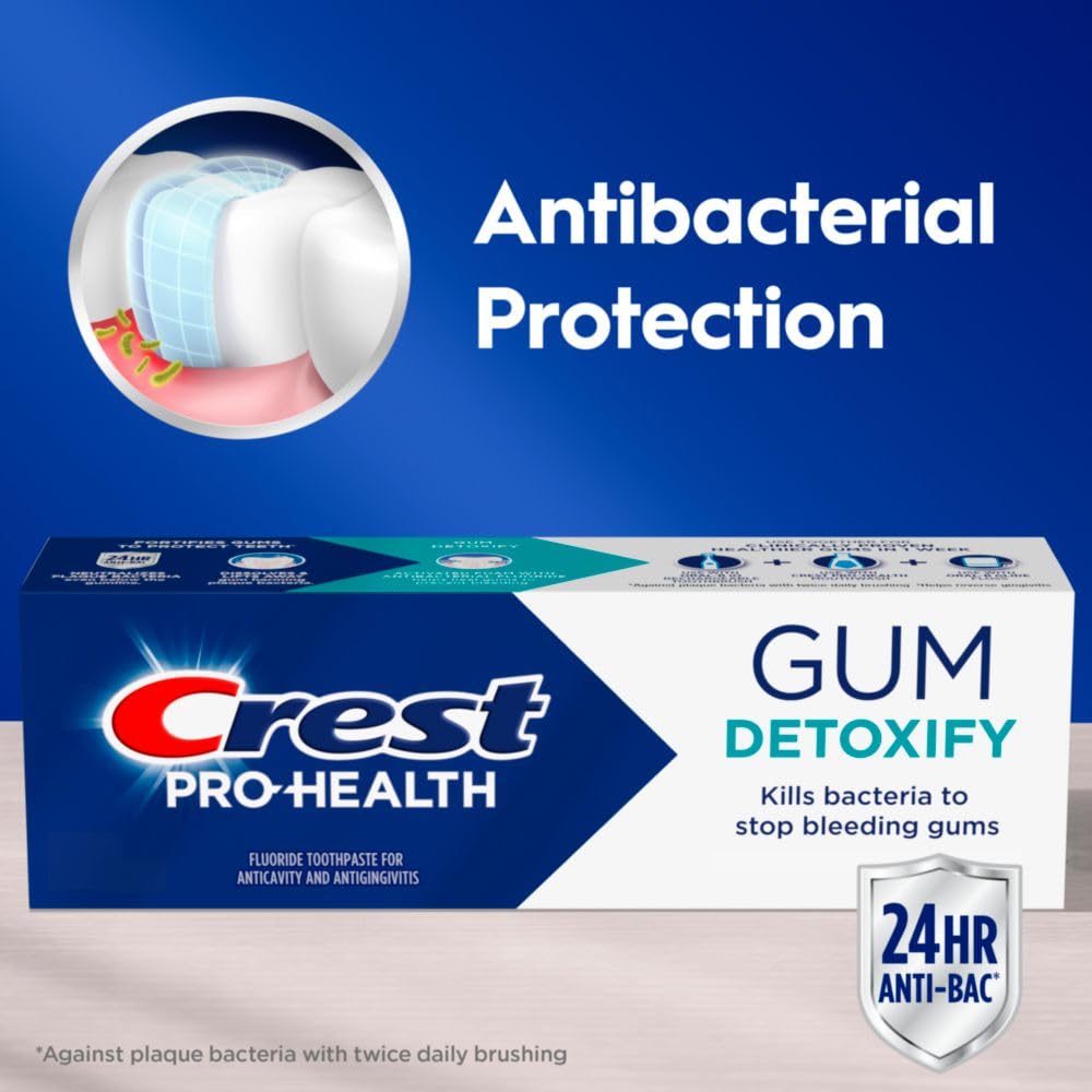 Crest Pro-Health Gum Detoxify toothpaste tube on toothbrush demonstrates easy daily use for deep gum-cleaning.