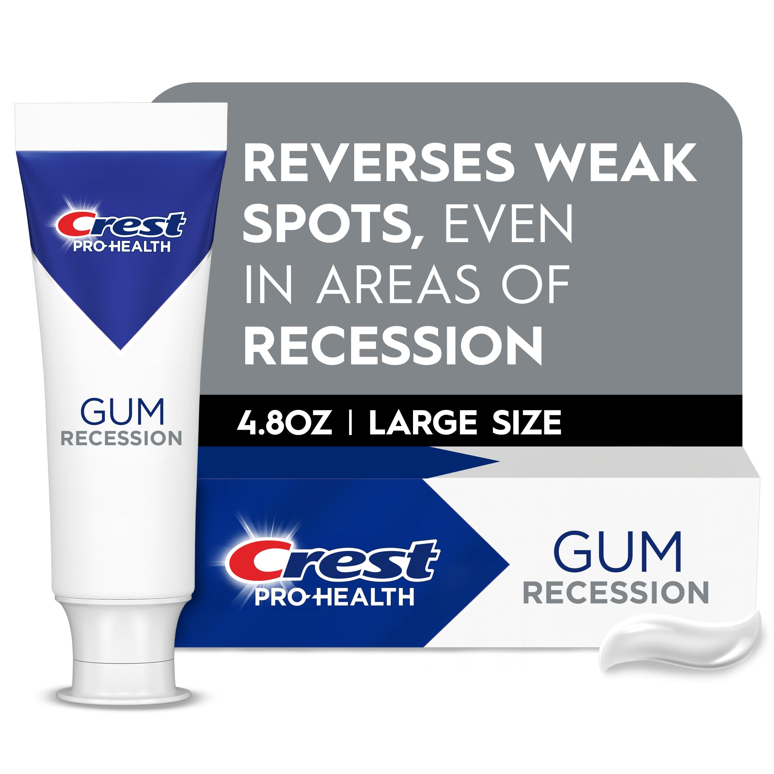 Crest Pro-Health Gum Recession toothpaste tube provides 24-hour plaque protection and gum support.