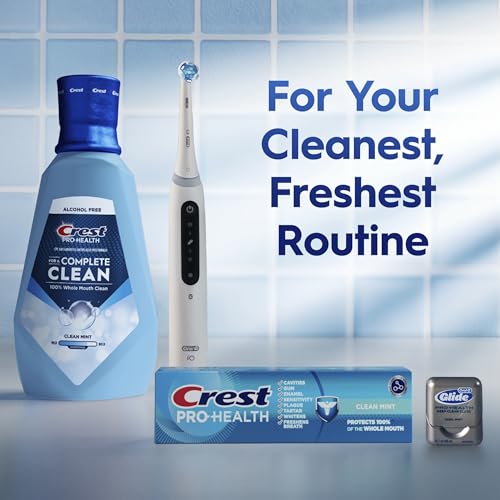 Crest Pro-Health Morning routine use shown with bottle and glass