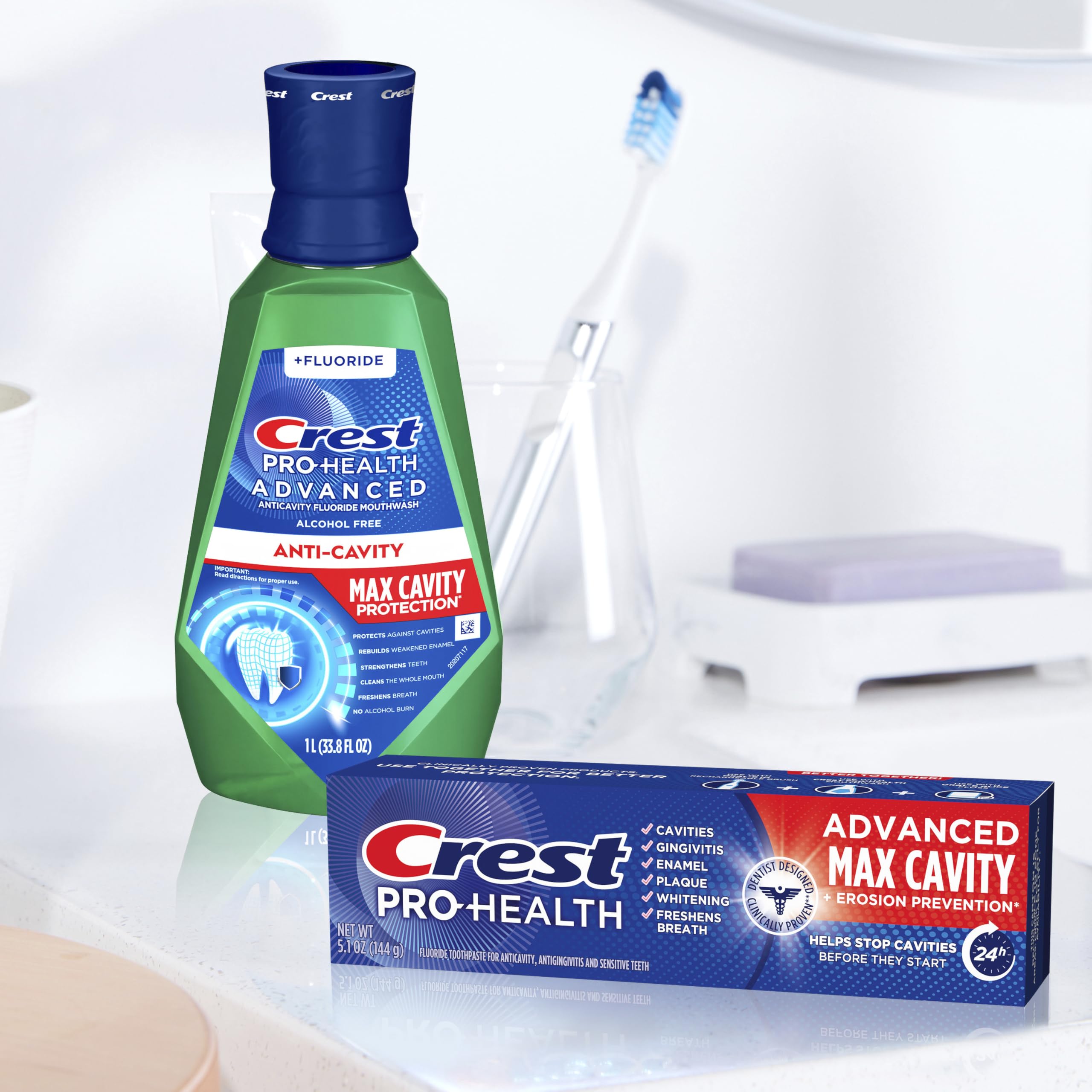 Crest Pro-Health alcohol-free formula indicating a gentler rinse.
