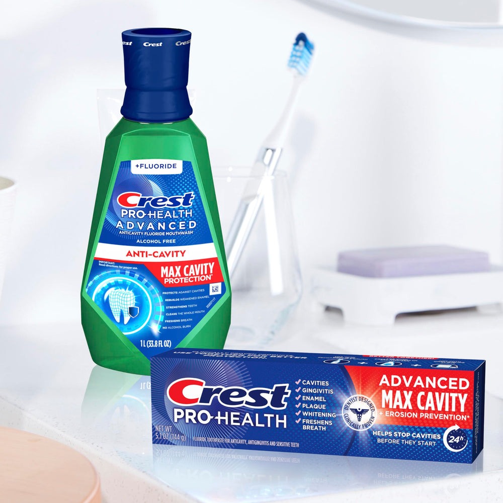Crest Pro-Health alcohol-free formula indicating a gentler rinse.