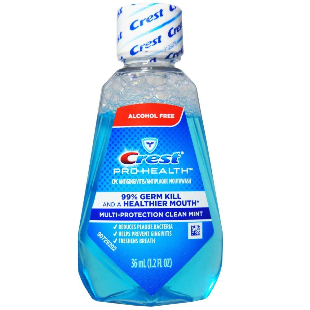 Crest Pro-Health mouthwash bottle highlighting germ-fighting benefits for fresher breath.