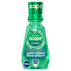 Crest Scope Classic bottle shows the original formula for lasting mint freshness.